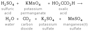 H_2SO_4 sulfuric acid + KMnO_4 potassium permanganate + HO_2CCO_2H oxalic acid ⟶ H_2O water + CO_2 carbon dioxide + K_2SO_4 potassium sulfate + MnSO_4 manganese(II) sulfate