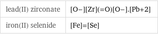 lead(II) zirconate | [O-][Zr](=O)[O-].[Pb+2] iron(II) selenide | [Fe]=[Se]