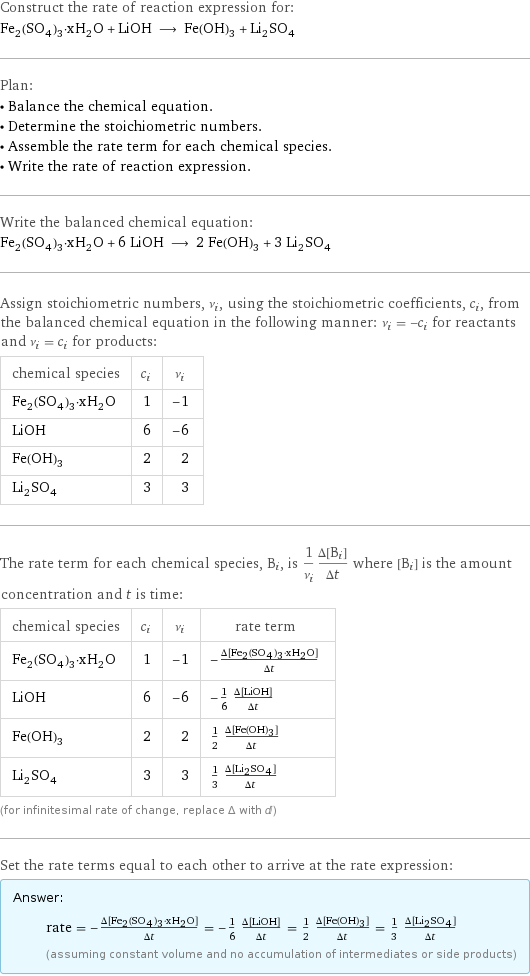 Construct the rate of reaction expression for: Fe_2(SO_4)_3·xH_2O + LiOH ⟶ Fe(OH)_3 + Li_2SO_4 Plan: • Balance the chemical equation. • Determine the stoichiometric numbers. • Assemble the rate term for each chemical species. • Write the rate of reaction expression. Write the balanced chemical equation: Fe_2(SO_4)_3·xH_2O + 6 LiOH ⟶ 2 Fe(OH)_3 + 3 Li_2SO_4 Assign stoichiometric numbers, ν_i, using the stoichiometric coefficients, c_i, from the balanced chemical equation in the following manner: ν_i = -c_i for reactants and ν_i = c_i for products: chemical species | c_i | ν_i Fe_2(SO_4)_3·xH_2O | 1 | -1 LiOH | 6 | -6 Fe(OH)_3 | 2 | 2 Li_2SO_4 | 3 | 3 The rate term for each chemical species, B_i, is 1/ν_i(Δ[B_i])/(Δt) where [B_i] is the amount concentration and t is time: chemical species | c_i | ν_i | rate term Fe_2(SO_4)_3·xH_2O | 1 | -1 | -(Δ[Fe2(SO4)3·xH2O])/(Δt) LiOH | 6 | -6 | -1/6 (Δ[LiOH])/(Δt) Fe(OH)_3 | 2 | 2 | 1/2 (Δ[Fe(OH)3])/(Δt) Li_2SO_4 | 3 | 3 | 1/3 (Δ[Li2SO4])/(Δt) (for infinitesimal rate of change, replace Δ with d) Set the rate terms equal to each other to arrive at the rate expression: Answer: |   | rate = -(Δ[Fe2(SO4)3·xH2O])/(Δt) = -1/6 (Δ[LiOH])/(Δt) = 1/2 (Δ[Fe(OH)3])/(Δt) = 1/3 (Δ[Li2SO4])/(Δt) (assuming constant volume and no accumulation of intermediates or side products)