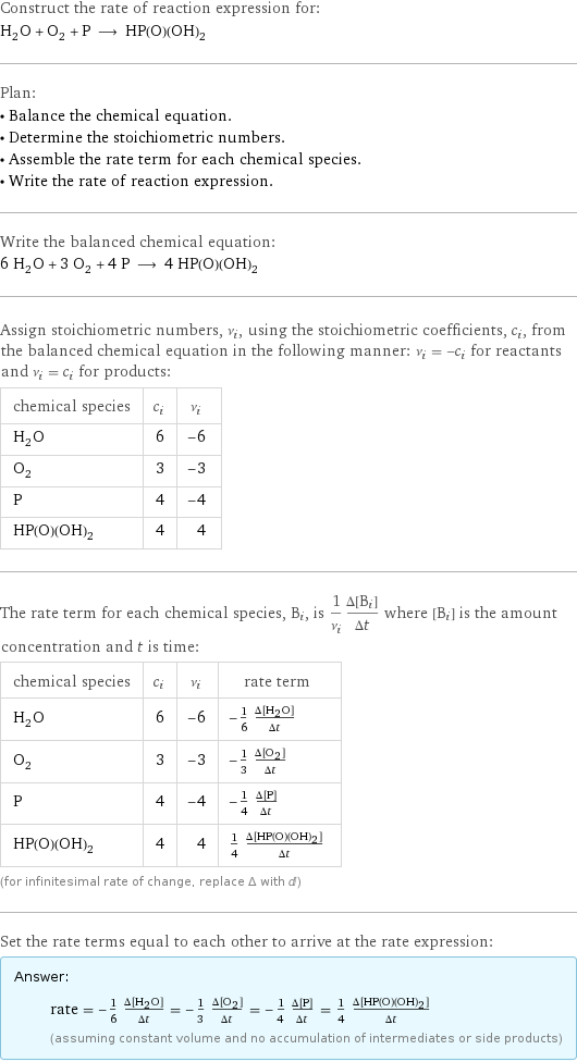 Construct the rate of reaction expression for: H_2O + O_2 + P ⟶ HP(O)(OH)_2 Plan: • Balance the chemical equation. • Determine the stoichiometric numbers. • Assemble the rate term for each chemical species. • Write the rate of reaction expression. Write the balanced chemical equation: 6 H_2O + 3 O_2 + 4 P ⟶ 4 HP(O)(OH)_2 Assign stoichiometric numbers, ν_i, using the stoichiometric coefficients, c_i, from the balanced chemical equation in the following manner: ν_i = -c_i for reactants and ν_i = c_i for products: chemical species | c_i | ν_i H_2O | 6 | -6 O_2 | 3 | -3 P | 4 | -4 HP(O)(OH)_2 | 4 | 4 The rate term for each chemical species, B_i, is 1/ν_i(Δ[B_i])/(Δt) where [B_i] is the amount concentration and t is time: chemical species | c_i | ν_i | rate term H_2O | 6 | -6 | -1/6 (Δ[H2O])/(Δt) O_2 | 3 | -3 | -1/3 (Δ[O2])/(Δt) P | 4 | -4 | -1/4 (Δ[P])/(Δt) HP(O)(OH)_2 | 4 | 4 | 1/4 (Δ[HP(O)(OH)2])/(Δt) (for infinitesimal rate of change, replace Δ with d) Set the rate terms equal to each other to arrive at the rate expression: Answer: |   | rate = -1/6 (Δ[H2O])/(Δt) = -1/3 (Δ[O2])/(Δt) = -1/4 (Δ[P])/(Δt) = 1/4 (Δ[HP(O)(OH)2])/(Δt) (assuming constant volume and no accumulation of intermediates or side products)