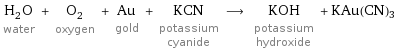 H_2O water + O_2 oxygen + Au gold + KCN potassium cyanide ⟶ KOH potassium hydroxide + KAu(CN)3