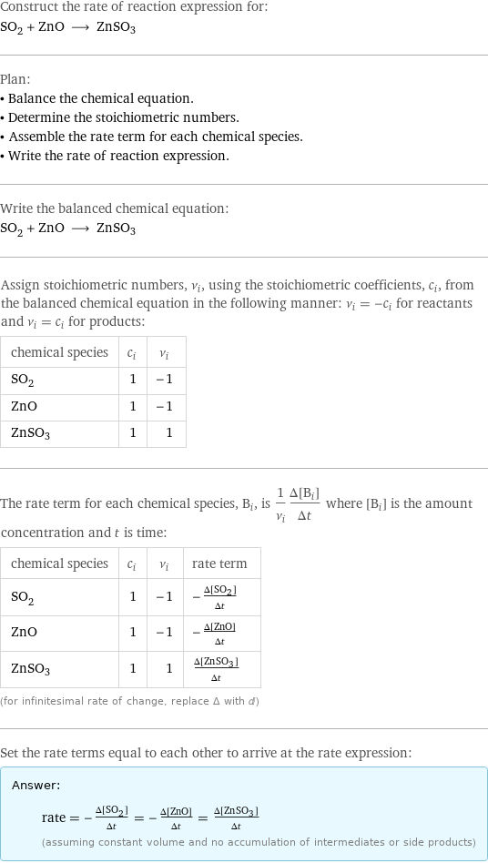 Construct the rate of reaction expression for: SO_2 + ZnO ⟶ ZnSO3 Plan: • Balance the chemical equation. • Determine the stoichiometric numbers. • Assemble the rate term for each chemical species. • Write the rate of reaction expression. Write the balanced chemical equation: SO_2 + ZnO ⟶ ZnSO3 Assign stoichiometric numbers, ν_i, using the stoichiometric coefficients, c_i, from the balanced chemical equation in the following manner: ν_i = -c_i for reactants and ν_i = c_i for products: chemical species | c_i | ν_i SO_2 | 1 | -1 ZnO | 1 | -1 ZnSO3 | 1 | 1 The rate term for each chemical species, B_i, is 1/ν_i(Δ[B_i])/(Δt) where [B_i] is the amount concentration and t is time: chemical species | c_i | ν_i | rate term SO_2 | 1 | -1 | -(Δ[SO2])/(Δt) ZnO | 1 | -1 | -(Δ[ZnO])/(Δt) ZnSO3 | 1 | 1 | (Δ[ZnSO3])/(Δt) (for infinitesimal rate of change, replace Δ with d) Set the rate terms equal to each other to arrive at the rate expression: Answer: |   | rate = -(Δ[SO2])/(Δt) = -(Δ[ZnO])/(Δt) = (Δ[ZnSO3])/(Δt) (assuming constant volume and no accumulation of intermediates or side products)