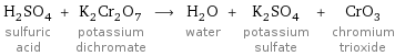 H_2SO_4 sulfuric acid + K_2Cr_2O_7 potassium dichromate ⟶ H_2O water + K_2SO_4 potassium sulfate + CrO_3 chromium trioxide