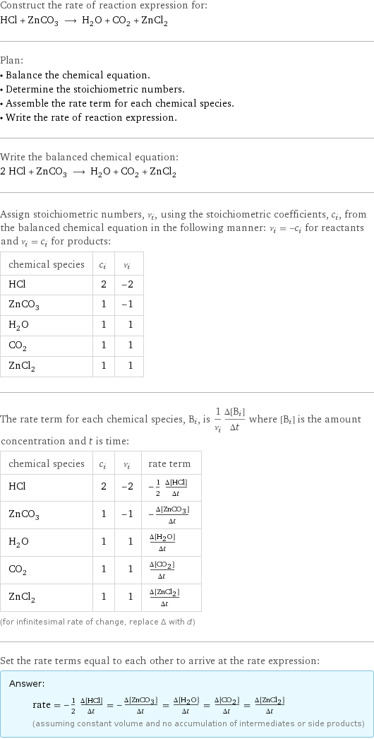Construct the rate of reaction expression for: HCl + ZnCO_3 ⟶ H_2O + CO_2 + ZnCl_2 Plan: • Balance the chemical equation. • Determine the stoichiometric numbers. • Assemble the rate term for each chemical species. • Write the rate of reaction expression. Write the balanced chemical equation: 2 HCl + ZnCO_3 ⟶ H_2O + CO_2 + ZnCl_2 Assign stoichiometric numbers, ν_i, using the stoichiometric coefficients, c_i, from the balanced chemical equation in the following manner: ν_i = -c_i for reactants and ν_i = c_i for products: chemical species | c_i | ν_i HCl | 2 | -2 ZnCO_3 | 1 | -1 H_2O | 1 | 1 CO_2 | 1 | 1 ZnCl_2 | 1 | 1 The rate term for each chemical species, B_i, is 1/ν_i(Δ[B_i])/(Δt) where [B_i] is the amount concentration and t is time: chemical species | c_i | ν_i | rate term HCl | 2 | -2 | -1/2 (Δ[HCl])/(Δt) ZnCO_3 | 1 | -1 | -(Δ[ZnCO3])/(Δt) H_2O | 1 | 1 | (Δ[H2O])/(Δt) CO_2 | 1 | 1 | (Δ[CO2])/(Δt) ZnCl_2 | 1 | 1 | (Δ[ZnCl2])/(Δt) (for infinitesimal rate of change, replace Δ with d) Set the rate terms equal to each other to arrive at the rate expression: Answer: |   | rate = -1/2 (Δ[HCl])/(Δt) = -(Δ[ZnCO3])/(Δt) = (Δ[H2O])/(Δt) = (Δ[CO2])/(Δt) = (Δ[ZnCl2])/(Δt) (assuming constant volume and no accumulation of intermediates or side products)