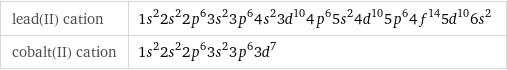 lead(II) cation | 1s^22s^22p^63s^23p^64s^23d^104p^65s^24d^105p^64f^145d^106s^2 cobalt(II) cation | 1s^22s^22p^63s^23p^63d^7