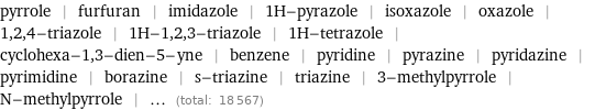 pyrrole | furfuran | imidazole | 1H-pyrazole | isoxazole | oxazole | 1, 2, 4-triazole | 1H-1, 2, 3-triazole | 1H-tetrazole | cyclohexa-1, 3-dien-5-yne | benzene | pyridine | pyrazine | pyridazine | pyrimidine | borazine | s-triazine | triazine | 3-methylpyrrole | N-methylpyrrole | ... (total: 18567)