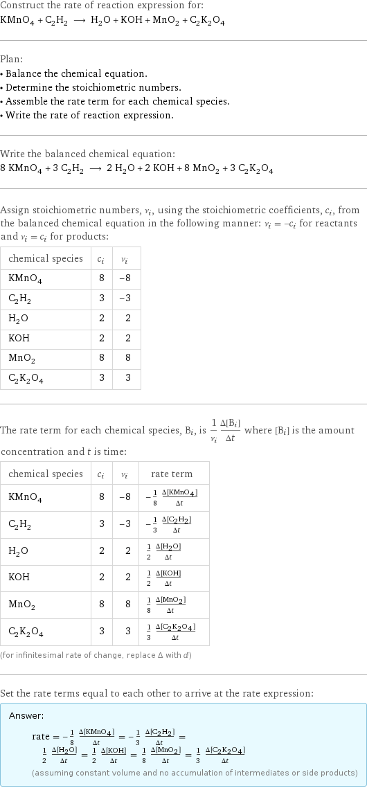 Construct the rate of reaction expression for: KMnO_4 + C_2H_2 ⟶ H_2O + KOH + MnO_2 + C_2K_2O_4 Plan: • Balance the chemical equation. • Determine the stoichiometric numbers. • Assemble the rate term for each chemical species. • Write the rate of reaction expression. Write the balanced chemical equation: 8 KMnO_4 + 3 C_2H_2 ⟶ 2 H_2O + 2 KOH + 8 MnO_2 + 3 C_2K_2O_4 Assign stoichiometric numbers, ν_i, using the stoichiometric coefficients, c_i, from the balanced chemical equation in the following manner: ν_i = -c_i for reactants and ν_i = c_i for products: chemical species | c_i | ν_i KMnO_4 | 8 | -8 C_2H_2 | 3 | -3 H_2O | 2 | 2 KOH | 2 | 2 MnO_2 | 8 | 8 C_2K_2O_4 | 3 | 3 The rate term for each chemical species, B_i, is 1/ν_i(Δ[B_i])/(Δt) where [B_i] is the amount concentration and t is time: chemical species | c_i | ν_i | rate term KMnO_4 | 8 | -8 | -1/8 (Δ[KMnO4])/(Δt) C_2H_2 | 3 | -3 | -1/3 (Δ[C2H2])/(Δt) H_2O | 2 | 2 | 1/2 (Δ[H2O])/(Δt) KOH | 2 | 2 | 1/2 (Δ[KOH])/(Δt) MnO_2 | 8 | 8 | 1/8 (Δ[MnO2])/(Δt) C_2K_2O_4 | 3 | 3 | 1/3 (Δ[C2K2O4])/(Δt) (for infinitesimal rate of change, replace Δ with d) Set the rate terms equal to each other to arrive at the rate expression: Answer: |   | rate = -1/8 (Δ[KMnO4])/(Δt) = -1/3 (Δ[C2H2])/(Δt) = 1/2 (Δ[H2O])/(Δt) = 1/2 (Δ[KOH])/(Δt) = 1/8 (Δ[MnO2])/(Δt) = 1/3 (Δ[C2K2O4])/(Δt) (assuming constant volume and no accumulation of intermediates or side products)