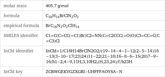 molar mass | 405.7 g/mol formula | C_18H_14BrClN_2O_2 empirical formula | Br_C_18N_2O_2Cl_H_14 SMILES identifier | C1=C(C=CC(=C1)Br)C2=NN(C=C2CCC(=O)O)C3=CC=C(C=C3)Cl InChI identifier | InChI=1/C18H14BrClN2O2/c19-14-4-1-12(2-5-14)18-13(3-10-17(23)24)11-22(21-18)16-8-6-15(20)7-9-16/h1-2, 4-9, 11H, 3, 10H2, (H, 23, 24)/f/h23H InChI key | ZCBWGEKVGZXGBI-UHFFFAOYSA-N