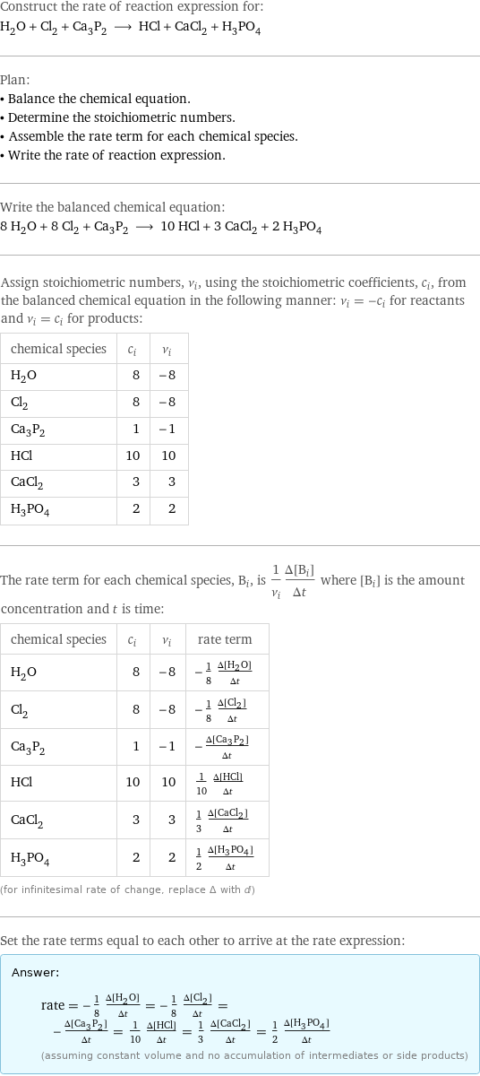 Construct the rate of reaction expression for: H_2O + Cl_2 + Ca_3P_2 ⟶ HCl + CaCl_2 + H_3PO_4 Plan: • Balance the chemical equation. • Determine the stoichiometric numbers. • Assemble the rate term for each chemical species. • Write the rate of reaction expression. Write the balanced chemical equation: 8 H_2O + 8 Cl_2 + Ca_3P_2 ⟶ 10 HCl + 3 CaCl_2 + 2 H_3PO_4 Assign stoichiometric numbers, ν_i, using the stoichiometric coefficients, c_i, from the balanced chemical equation in the following manner: ν_i = -c_i for reactants and ν_i = c_i for products: chemical species | c_i | ν_i H_2O | 8 | -8 Cl_2 | 8 | -8 Ca_3P_2 | 1 | -1 HCl | 10 | 10 CaCl_2 | 3 | 3 H_3PO_4 | 2 | 2 The rate term for each chemical species, B_i, is 1/ν_i(Δ[B_i])/(Δt) where [B_i] is the amount concentration and t is time: chemical species | c_i | ν_i | rate term H_2O | 8 | -8 | -1/8 (Δ[H2O])/(Δt) Cl_2 | 8 | -8 | -1/8 (Δ[Cl2])/(Δt) Ca_3P_2 | 1 | -1 | -(Δ[Ca3P2])/(Δt) HCl | 10 | 10 | 1/10 (Δ[HCl])/(Δt) CaCl_2 | 3 | 3 | 1/3 (Δ[CaCl2])/(Δt) H_3PO_4 | 2 | 2 | 1/2 (Δ[H3PO4])/(Δt) (for infinitesimal rate of change, replace Δ with d) Set the rate terms equal to each other to arrive at the rate expression: Answer: |   | rate = -1/8 (Δ[H2O])/(Δt) = -1/8 (Δ[Cl2])/(Δt) = -(Δ[Ca3P2])/(Δt) = 1/10 (Δ[HCl])/(Δt) = 1/3 (Δ[CaCl2])/(Δt) = 1/2 (Δ[H3PO4])/(Δt) (assuming constant volume and no accumulation of intermediates or side products)