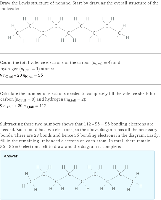 Draw the Lewis structure of nonane. Start by drawing the overall structure of the molecule:  Count the total valence electrons of the carbon (n_C, val = 4) and hydrogen (n_H, val = 1) atoms: 9 n_C, val + 20 n_H, val = 56 Calculate the number of electrons needed to completely fill the valence shells for carbon (n_C, full = 8) and hydrogen (n_H, full = 2): 9 n_C, full + 20 n_H, full = 112 Subtracting these two numbers shows that 112 - 56 = 56 bonding electrons are needed. Each bond has two electrons, so the above diagram has all the necessary bonds. There are 28 bonds and hence 56 bonding electrons in the diagram. Lastly, fill in the remaining unbonded electrons on each atom. In total, there remain 56 - 56 = 0 electrons left to draw and the diagram is complete: Answer: |   | 