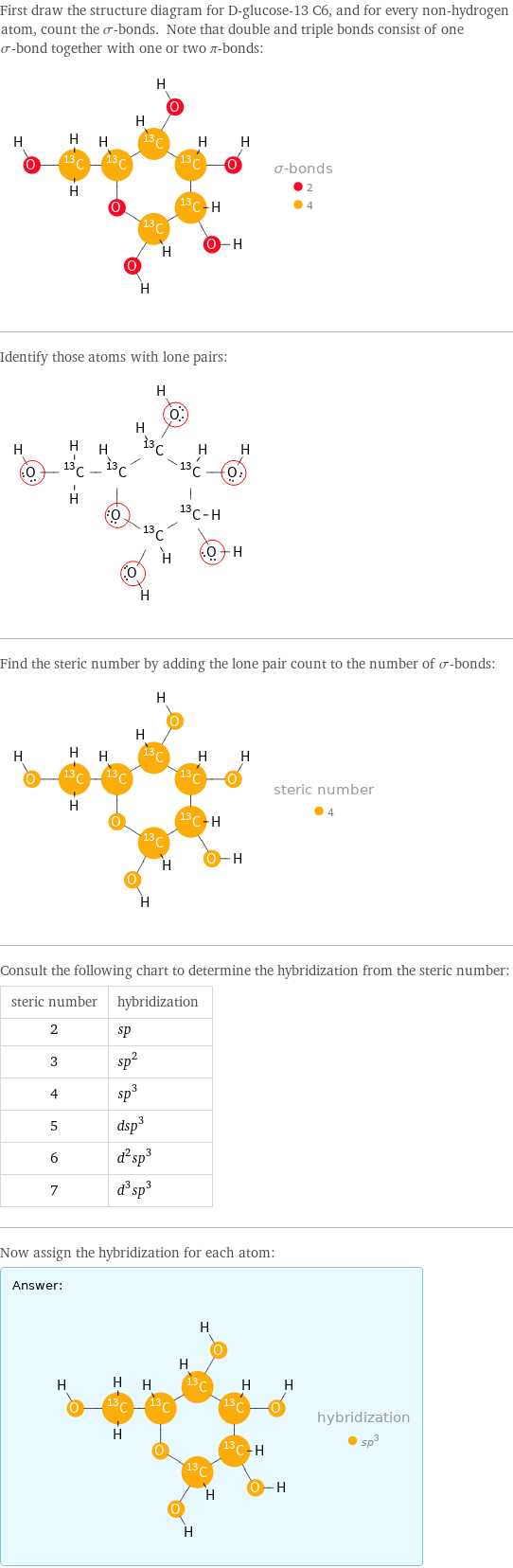 First draw the structure diagram for D-glucose-13 C6, and for every non-hydrogen atom, count the σ-bonds. Note that double and triple bonds consist of one σ-bond together with one or two π-bonds:  Identify those atoms with lone pairs:  Find the steric number by adding the lone pair count to the number of σ-bonds:  Consult the following chart to determine the hybridization from the steric number: steric number | hybridization 2 | sp 3 | sp^2 4 | sp^3 5 | dsp^3 6 | d^2sp^3 7 | d^3sp^3 Now assign the hybridization for each atom: Answer: |   | 