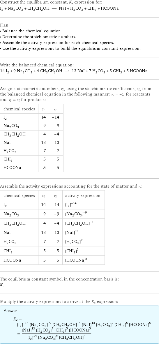 Construct the equilibrium constant, K, expression for: I_2 + Na_2CO_3 + CH_3CH_2OH ⟶ NaI + H_2CO_3 + CHI_3 + HCOONa Plan: • Balance the chemical equation. • Determine the stoichiometric numbers. • Assemble the activity expression for each chemical species. • Use the activity expressions to build the equilibrium constant expression. Write the balanced chemical equation: 14 I_2 + 9 Na_2CO_3 + 4 CH_3CH_2OH ⟶ 13 NaI + 7 H_2CO_3 + 5 CHI_3 + 5 HCOONa Assign stoichiometric numbers, ν_i, using the stoichiometric coefficients, c_i, from the balanced chemical equation in the following manner: ν_i = -c_i for reactants and ν_i = c_i for products: chemical species | c_i | ν_i I_2 | 14 | -14 Na_2CO_3 | 9 | -9 CH_3CH_2OH | 4 | -4 NaI | 13 | 13 H_2CO_3 | 7 | 7 CHI_3 | 5 | 5 HCOONa | 5 | 5 Assemble the activity expressions accounting for the state of matter and ν_i: chemical species | c_i | ν_i | activity expression I_2 | 14 | -14 | ([I2])^(-14) Na_2CO_3 | 9 | -9 | ([Na2CO3])^(-9) CH_3CH_2OH | 4 | -4 | ([CH3CH2OH])^(-4) NaI | 13 | 13 | ([NaI])^13 H_2CO_3 | 7 | 7 | ([H2CO3])^7 CHI_3 | 5 | 5 | ([CHI3])^5 HCOONa | 5 | 5 | ([HCOONa])^5 The equilibrium constant symbol in the concentration basis is: K_c Mulitply the activity expressions to arrive at the K_c expression: Answer: |   | K_c = ([I2])^(-14) ([Na2CO3])^(-9) ([CH3CH2OH])^(-4) ([NaI])^13 ([H2CO3])^7 ([CHI3])^5 ([HCOONa])^5 = (([NaI])^13 ([H2CO3])^7 ([CHI3])^5 ([HCOONa])^5)/(([I2])^14 ([Na2CO3])^9 ([CH3CH2OH])^4)