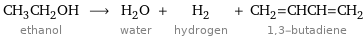 CH_3CH_2OH ethanol ⟶ H_2O water + H_2 hydrogen + CH_2=CHCH=CH_2 1, 3-butadiene