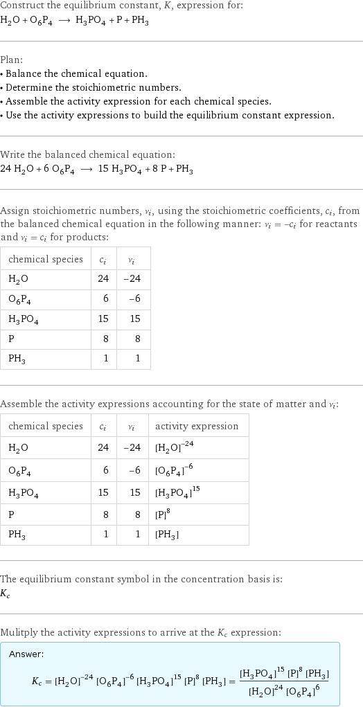 Construct the equilibrium constant, K, expression for: H_2O + O_6P_4 ⟶ H_3PO_4 + P + PH_3 Plan: • Balance the chemical equation. • Determine the stoichiometric numbers. • Assemble the activity expression for each chemical species. • Use the activity expressions to build the equilibrium constant expression. Write the balanced chemical equation: 24 H_2O + 6 O_6P_4 ⟶ 15 H_3PO_4 + 8 P + PH_3 Assign stoichiometric numbers, ν_i, using the stoichiometric coefficients, c_i, from the balanced chemical equation in the following manner: ν_i = -c_i for reactants and ν_i = c_i for products: chemical species | c_i | ν_i H_2O | 24 | -24 O_6P_4 | 6 | -6 H_3PO_4 | 15 | 15 P | 8 | 8 PH_3 | 1 | 1 Assemble the activity expressions accounting for the state of matter and ν_i: chemical species | c_i | ν_i | activity expression H_2O | 24 | -24 | ([H2O])^(-24) O_6P_4 | 6 | -6 | ([O6P4])^(-6) H_3PO_4 | 15 | 15 | ([H3PO4])^15 P | 8 | 8 | ([P])^8 PH_3 | 1 | 1 | [PH3] The equilibrium constant symbol in the concentration basis is: K_c Mulitply the activity expressions to arrive at the K_c expression: Answer: |   | K_c = ([H2O])^(-24) ([O6P4])^(-6) ([H3PO4])^15 ([P])^8 [PH3] = (([H3PO4])^15 ([P])^8 [PH3])/(([H2O])^24 ([O6P4])^6)