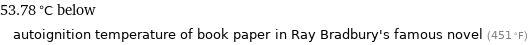 53.78 °C below autoignition temperature of book paper in Ray Bradbury's famous novel (451 °F)