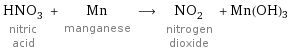 HNO_3 nitric acid + Mn manganese ⟶ NO_2 nitrogen dioxide + Mn(OH)3