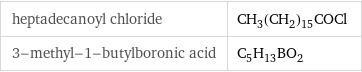 heptadecanoyl chloride | CH_3(CH_2)_15COCl 3-methyl-1-butylboronic acid | C_5H_13BO_2