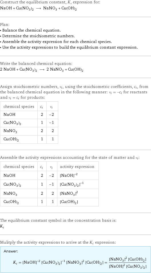 Construct the equilibrium constant, K, expression for: NaOH + Cu(NO_3)_2 ⟶ NaNO_3 + Cu(OH)_2 Plan: • Balance the chemical equation. • Determine the stoichiometric numbers. • Assemble the activity expression for each chemical species. • Use the activity expressions to build the equilibrium constant expression. Write the balanced chemical equation: 2 NaOH + Cu(NO_3)_2 ⟶ 2 NaNO_3 + Cu(OH)_2 Assign stoichiometric numbers, ν_i, using the stoichiometric coefficients, c_i, from the balanced chemical equation in the following manner: ν_i = -c_i for reactants and ν_i = c_i for products: chemical species | c_i | ν_i NaOH | 2 | -2 Cu(NO_3)_2 | 1 | -1 NaNO_3 | 2 | 2 Cu(OH)_2 | 1 | 1 Assemble the activity expressions accounting for the state of matter and ν_i: chemical species | c_i | ν_i | activity expression NaOH | 2 | -2 | ([NaOH])^(-2) Cu(NO_3)_2 | 1 | -1 | ([Cu(NO3)2])^(-1) NaNO_3 | 2 | 2 | ([NaNO3])^2 Cu(OH)_2 | 1 | 1 | [Cu(OH)2] The equilibrium constant symbol in the concentration basis is: K_c Mulitply the activity expressions to arrive at the K_c expression: Answer: |   | K_c = ([NaOH])^(-2) ([Cu(NO3)2])^(-1) ([NaNO3])^2 [Cu(OH)2] = (([NaNO3])^2 [Cu(OH)2])/(([NaOH])^2 [Cu(NO3)2])