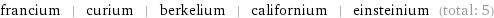 francium | curium | berkelium | californium | einsteinium (total: 5)