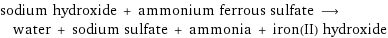 sodium hydroxide + ammonium ferrous sulfate ⟶ water + sodium sulfate + ammonia + iron(II) hydroxide