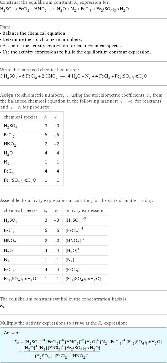 Construct the equilibrium constant, K, expression for: H_2SO_4 + FeCl_2 + HNO_2 ⟶ H_2O + N_2 + FeCl_3 + Fe_2(SO_4)_3·xH_2O Plan: • Balance the chemical equation. • Determine the stoichiometric numbers. • Assemble the activity expression for each chemical species. • Use the activity expressions to build the equilibrium constant expression. Write the balanced chemical equation: 3 H_2SO_4 + 6 FeCl_2 + 2 HNO_2 ⟶ 4 H_2O + N_2 + 4 FeCl_3 + Fe_2(SO_4)_3·xH_2O Assign stoichiometric numbers, ν_i, using the stoichiometric coefficients, c_i, from the balanced chemical equation in the following manner: ν_i = -c_i for reactants and ν_i = c_i for products: chemical species | c_i | ν_i H_2SO_4 | 3 | -3 FeCl_2 | 6 | -6 HNO_2 | 2 | -2 H_2O | 4 | 4 N_2 | 1 | 1 FeCl_3 | 4 | 4 Fe_2(SO_4)_3·xH_2O | 1 | 1 Assemble the activity expressions accounting for the state of matter and ν_i: chemical species | c_i | ν_i | activity expression H_2SO_4 | 3 | -3 | ([H2SO4])^(-3) FeCl_2 | 6 | -6 | ([FeCl2])^(-6) HNO_2 | 2 | -2 | ([HNO2])^(-2) H_2O | 4 | 4 | ([H2O])^4 N_2 | 1 | 1 | [N2] FeCl_3 | 4 | 4 | ([FeCl3])^4 Fe_2(SO_4)_3·xH_2O | 1 | 1 | [Fe2(SO4)3·xH2O] The equilibrium constant symbol in the concentration basis is: K_c Mulitply the activity expressions to arrive at the K_c expression: Answer: |   | K_c = ([H2SO4])^(-3) ([FeCl2])^(-6) ([HNO2])^(-2) ([H2O])^4 [N2] ([FeCl3])^4 [Fe2(SO4)3·xH2O] = (([H2O])^4 [N2] ([FeCl3])^4 [Fe2(SO4)3·xH2O])/(([H2SO4])^3 ([FeCl2])^6 ([HNO2])^2)