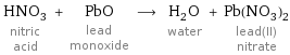 HNO_3 nitric acid + PbO lead monoxide ⟶ H_2O water + Pb(NO_3)_2 lead(II) nitrate