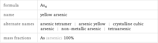 formula | As_4 name | yellow arsenic alternate names | arsenic tetramer | arsenic yellow | crystalline cubic arsenic | non-metallic arsenic | tetraarsenic mass fractions | As (arsenic) 100%