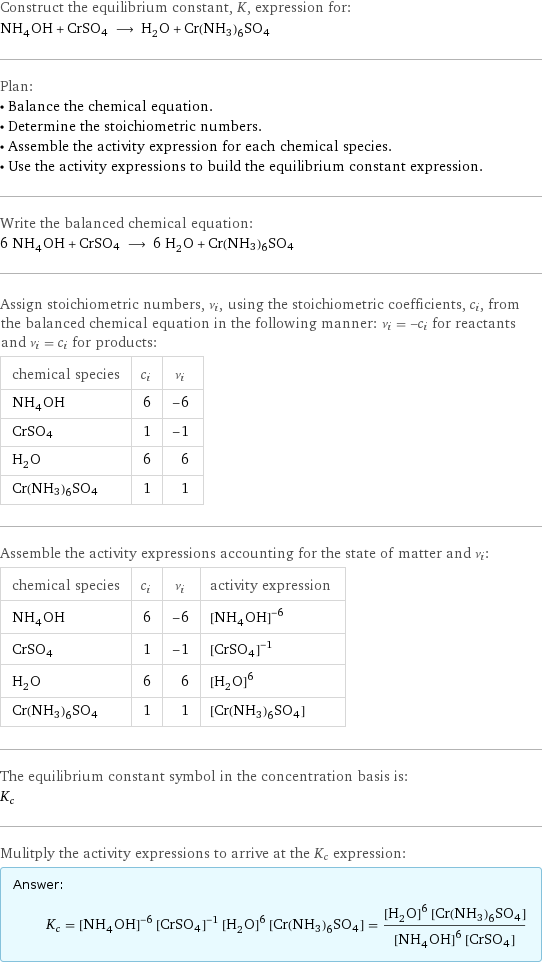 Construct the equilibrium constant, K, expression for: NH_4OH + CrSO4 ⟶ H_2O + Cr(NH3)6SO4 Plan: • Balance the chemical equation. • Determine the stoichiometric numbers. • Assemble the activity expression for each chemical species. • Use the activity expressions to build the equilibrium constant expression. Write the balanced chemical equation: 6 NH_4OH + CrSO4 ⟶ 6 H_2O + Cr(NH3)6SO4 Assign stoichiometric numbers, ν_i, using the stoichiometric coefficients, c_i, from the balanced chemical equation in the following manner: ν_i = -c_i for reactants and ν_i = c_i for products: chemical species | c_i | ν_i NH_4OH | 6 | -6 CrSO4 | 1 | -1 H_2O | 6 | 6 Cr(NH3)6SO4 | 1 | 1 Assemble the activity expressions accounting for the state of matter and ν_i: chemical species | c_i | ν_i | activity expression NH_4OH | 6 | -6 | ([NH4OH])^(-6) CrSO4 | 1 | -1 | ([CrSO4])^(-1) H_2O | 6 | 6 | ([H2O])^6 Cr(NH3)6SO4 | 1 | 1 | [Cr(NH3)6SO4] The equilibrium constant symbol in the concentration basis is: K_c Mulitply the activity expressions to arrive at the K_c expression: Answer: |   | K_c = ([NH4OH])^(-6) ([CrSO4])^(-1) ([H2O])^6 [Cr(NH3)6SO4] = (([H2O])^6 [Cr(NH3)6SO4])/(([NH4OH])^6 [CrSO4])