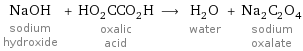 NaOH sodium hydroxide + HO_2CCO_2H oxalic acid ⟶ H_2O water + Na_2C_2O_4 sodium oxalate