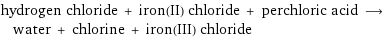 hydrogen chloride + iron(II) chloride + perchloric acid ⟶ water + chlorine + iron(III) chloride