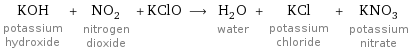 KOH potassium hydroxide + NO_2 nitrogen dioxide + KClO ⟶ H_2O water + KCl potassium chloride + KNO_3 potassium nitrate