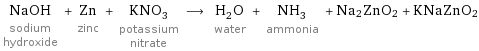 NaOH sodium hydroxide + Zn zinc + KNO_3 potassium nitrate ⟶ H_2O water + NH_3 ammonia + Na2ZnO2 + KNaZnO2