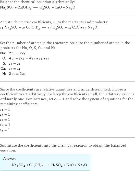 Balance the chemical equation algebraically: Na_2SO_4 + Cu(OH)_2 ⟶ H_2SO_4 + CuO + Na_2O Add stoichiometric coefficients, c_i, to the reactants and products: c_1 Na_2SO_4 + c_2 Cu(OH)_2 ⟶ c_3 H_2SO_4 + c_4 CuO + c_5 Na_2O Set the number of atoms in the reactants equal to the number of atoms in the products for Na, O, S, Cu and H: Na: | 2 c_1 = 2 c_5 O: | 4 c_1 + 2 c_2 = 4 c_3 + c_4 + c_5 S: | c_1 = c_3 Cu: | c_2 = c_4 H: | 2 c_2 = 2 c_3 Since the coefficients are relative quantities and underdetermined, choose a coefficient to set arbitrarily. To keep the coefficients small, the arbitrary value is ordinarily one. For instance, set c_1 = 1 and solve the system of equations for the remaining coefficients: c_1 = 1 c_2 = 1 c_3 = 1 c_4 = 1 c_5 = 1 Substitute the coefficients into the chemical reaction to obtain the balanced equation: Answer: |   | Na_2SO_4 + Cu(OH)_2 ⟶ H_2SO_4 + CuO + Na_2O