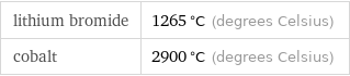 lithium bromide | 1265 °C (degrees Celsius) cobalt | 2900 °C (degrees Celsius)