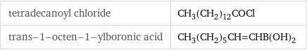 tetradecanoyl chloride | CH_3(CH_2)_12COCl trans-1-octen-1-ylboronic acid | CH_3(CH_2)_5CH=CHB(OH)_2