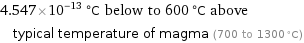 4.547×10^-13 °C below to 600 °C above typical temperature of magma (700 to 1300 °C)