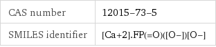 CAS number | 12015-73-5 SMILES identifier | [Ca+2].FP(=O)([O-])[O-]