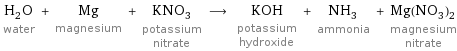 H_2O water + Mg magnesium + KNO_3 potassium nitrate ⟶ KOH potassium hydroxide + NH_3 ammonia + Mg(NO_3)_2 magnesium nitrate