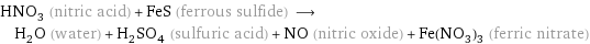 HNO_3 (nitric acid) + FeS (ferrous sulfide) ⟶ H_2O (water) + H_2SO_4 (sulfuric acid) + NO (nitric oxide) + Fe(NO_3)_3 (ferric nitrate)