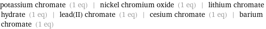 potassium chromate (1 eq) | nickel chromium oxide (1 eq) | lithium chromate hydrate (1 eq) | lead(II) chromate (1 eq) | cesium chromate (1 eq) | barium chromate (1 eq)