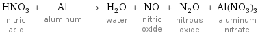 HNO_3 nitric acid + Al aluminum ⟶ H_2O water + NO nitric oxide + N_2O nitrous oxide + Al(NO_3)_3 aluminum nitrate