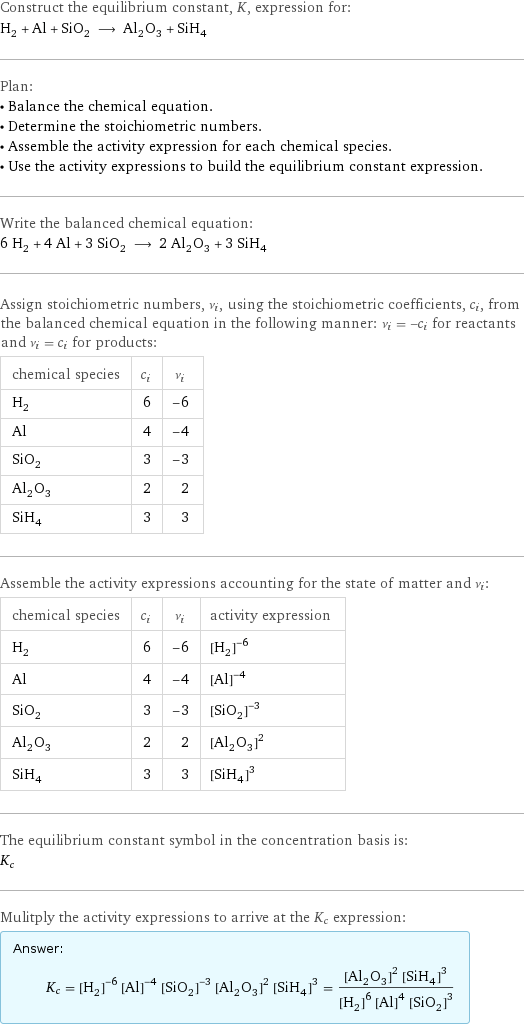 Construct the equilibrium constant, K, expression for: H_2 + Al + SiO_2 ⟶ Al_2O_3 + SiH_4 Plan: • Balance the chemical equation. • Determine the stoichiometric numbers. • Assemble the activity expression for each chemical species. • Use the activity expressions to build the equilibrium constant expression. Write the balanced chemical equation: 6 H_2 + 4 Al + 3 SiO_2 ⟶ 2 Al_2O_3 + 3 SiH_4 Assign stoichiometric numbers, ν_i, using the stoichiometric coefficients, c_i, from the balanced chemical equation in the following manner: ν_i = -c_i for reactants and ν_i = c_i for products: chemical species | c_i | ν_i H_2 | 6 | -6 Al | 4 | -4 SiO_2 | 3 | -3 Al_2O_3 | 2 | 2 SiH_4 | 3 | 3 Assemble the activity expressions accounting for the state of matter and ν_i: chemical species | c_i | ν_i | activity expression H_2 | 6 | -6 | ([H2])^(-6) Al | 4 | -4 | ([Al])^(-4) SiO_2 | 3 | -3 | ([SiO2])^(-3) Al_2O_3 | 2 | 2 | ([Al2O3])^2 SiH_4 | 3 | 3 | ([SiH4])^3 The equilibrium constant symbol in the concentration basis is: K_c Mulitply the activity expressions to arrive at the K_c expression: Answer: |   | K_c = ([H2])^(-6) ([Al])^(-4) ([SiO2])^(-3) ([Al2O3])^2 ([SiH4])^3 = (([Al2O3])^2 ([SiH4])^3)/(([H2])^6 ([Al])^4 ([SiO2])^3)