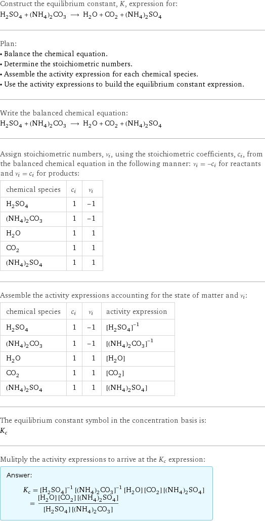 Construct the equilibrium constant, K, expression for: H_2SO_4 + (NH_4)_2CO_3 ⟶ H_2O + CO_2 + (NH_4)_2SO_4 Plan: • Balance the chemical equation. • Determine the stoichiometric numbers. • Assemble the activity expression for each chemical species. • Use the activity expressions to build the equilibrium constant expression. Write the balanced chemical equation: H_2SO_4 + (NH_4)_2CO_3 ⟶ H_2O + CO_2 + (NH_4)_2SO_4 Assign stoichiometric numbers, ν_i, using the stoichiometric coefficients, c_i, from the balanced chemical equation in the following manner: ν_i = -c_i for reactants and ν_i = c_i for products: chemical species | c_i | ν_i H_2SO_4 | 1 | -1 (NH_4)_2CO_3 | 1 | -1 H_2O | 1 | 1 CO_2 | 1 | 1 (NH_4)_2SO_4 | 1 | 1 Assemble the activity expressions accounting for the state of matter and ν_i: chemical species | c_i | ν_i | activity expression H_2SO_4 | 1 | -1 | ([H2SO4])^(-1) (NH_4)_2CO_3 | 1 | -1 | ([(NH4)2CO3])^(-1) H_2O | 1 | 1 | [H2O] CO_2 | 1 | 1 | [CO2] (NH_4)_2SO_4 | 1 | 1 | [(NH4)2SO4] The equilibrium constant symbol in the concentration basis is: K_c Mulitply the activity expressions to arrive at the K_c expression: Answer: |   | K_c = ([H2SO4])^(-1) ([(NH4)2CO3])^(-1) [H2O] [CO2] [(NH4)2SO4] = ([H2O] [CO2] [(NH4)2SO4])/([H2SO4] [(NH4)2CO3])