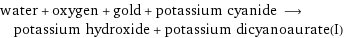 water + oxygen + gold + potassium cyanide ⟶ potassium hydroxide + potassium dicyanoaurate(I)