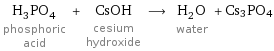 H_3PO_4 phosphoric acid + CsOH cesium hydroxide ⟶ H_2O water + Cs3PO4