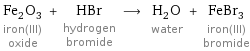 Fe_2O_3 iron(III) oxide + HBr hydrogen bromide ⟶ H_2O water + FeBr_3 iron(III) bromide