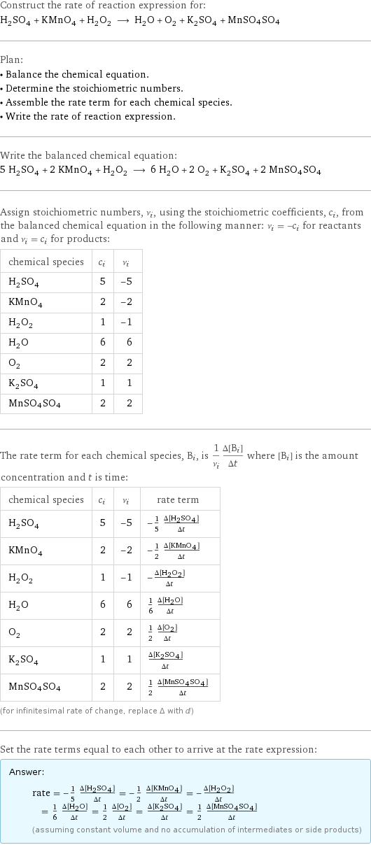 Construct the rate of reaction expression for: H_2SO_4 + KMnO_4 + H_2O_2 ⟶ H_2O + O_2 + K_2SO_4 + MnSO4SO4 Plan: • Balance the chemical equation. • Determine the stoichiometric numbers. • Assemble the rate term for each chemical species. • Write the rate of reaction expression. Write the balanced chemical equation: 5 H_2SO_4 + 2 KMnO_4 + H_2O_2 ⟶ 6 H_2O + 2 O_2 + K_2SO_4 + 2 MnSO4SO4 Assign stoichiometric numbers, ν_i, using the stoichiometric coefficients, c_i, from the balanced chemical equation in the following manner: ν_i = -c_i for reactants and ν_i = c_i for products: chemical species | c_i | ν_i H_2SO_4 | 5 | -5 KMnO_4 | 2 | -2 H_2O_2 | 1 | -1 H_2O | 6 | 6 O_2 | 2 | 2 K_2SO_4 | 1 | 1 MnSO4SO4 | 2 | 2 The rate term for each chemical species, B_i, is 1/ν_i(Δ[B_i])/(Δt) where [B_i] is the amount concentration and t is time: chemical species | c_i | ν_i | rate term H_2SO_4 | 5 | -5 | -1/5 (Δ[H2SO4])/(Δt) KMnO_4 | 2 | -2 | -1/2 (Δ[KMnO4])/(Δt) H_2O_2 | 1 | -1 | -(Δ[H2O2])/(Δt) H_2O | 6 | 6 | 1/6 (Δ[H2O])/(Δt) O_2 | 2 | 2 | 1/2 (Δ[O2])/(Δt) K_2SO_4 | 1 | 1 | (Δ[K2SO4])/(Δt) MnSO4SO4 | 2 | 2 | 1/2 (Δ[MnSO4SO4])/(Δt) (for infinitesimal rate of change, replace Δ with d) Set the rate terms equal to each other to arrive at the rate expression: Answer: |   | rate = -1/5 (Δ[H2SO4])/(Δt) = -1/2 (Δ[KMnO4])/(Δt) = -(Δ[H2O2])/(Δt) = 1/6 (Δ[H2O])/(Δt) = 1/2 (Δ[O2])/(Δt) = (Δ[K2SO4])/(Δt) = 1/2 (Δ[MnSO4SO4])/(Δt) (assuming constant volume and no accumulation of intermediates or side products)