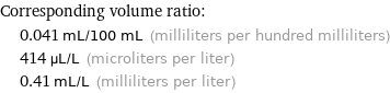 Corresponding volume ratio:  | 0.041 mL/100 mL (milliliters per hundred milliliters)  | 414 µL/L (microliters per liter)  | 0.41 mL/L (milliliters per liter)