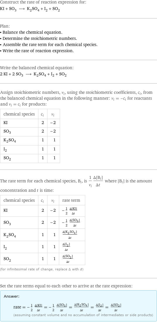 Construct the rate of reaction expression for: KI + SO_3 ⟶ K_2SO_4 + I_2 + SO_2 Plan: • Balance the chemical equation. • Determine the stoichiometric numbers. • Assemble the rate term for each chemical species. • Write the rate of reaction expression. Write the balanced chemical equation: 2 KI + 2 SO_3 ⟶ K_2SO_4 + I_2 + SO_2 Assign stoichiometric numbers, ν_i, using the stoichiometric coefficients, c_i, from the balanced chemical equation in the following manner: ν_i = -c_i for reactants and ν_i = c_i for products: chemical species | c_i | ν_i KI | 2 | -2 SO_3 | 2 | -2 K_2SO_4 | 1 | 1 I_2 | 1 | 1 SO_2 | 1 | 1 The rate term for each chemical species, B_i, is 1/ν_i(Δ[B_i])/(Δt) where [B_i] is the amount concentration and t is time: chemical species | c_i | ν_i | rate term KI | 2 | -2 | -1/2 (Δ[KI])/(Δt) SO_3 | 2 | -2 | -1/2 (Δ[SO3])/(Δt) K_2SO_4 | 1 | 1 | (Δ[K2SO4])/(Δt) I_2 | 1 | 1 | (Δ[I2])/(Δt) SO_2 | 1 | 1 | (Δ[SO2])/(Δt) (for infinitesimal rate of change, replace Δ with d) Set the rate terms equal to each other to arrive at the rate expression: Answer: |   | rate = -1/2 (Δ[KI])/(Δt) = -1/2 (Δ[SO3])/(Δt) = (Δ[K2SO4])/(Δt) = (Δ[I2])/(Δt) = (Δ[SO2])/(Δt) (assuming constant volume and no accumulation of intermediates or side products)