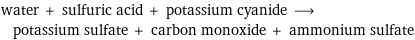 water + sulfuric acid + potassium cyanide ⟶ potassium sulfate + carbon monoxide + ammonium sulfate